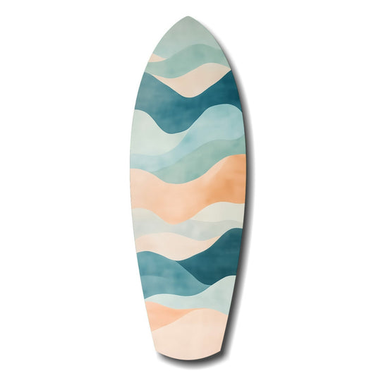 Surfboard-shaped wall art with layered wave pattern in teal, cream, beige, and ocean blue tones against white background.