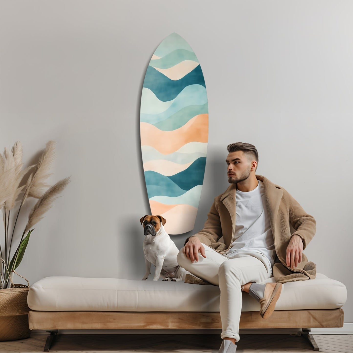 Man in beige cardigan sitting on wooden bench with dog, viewing layered blue, teal, and peach wave-patterned surfboard wall art.