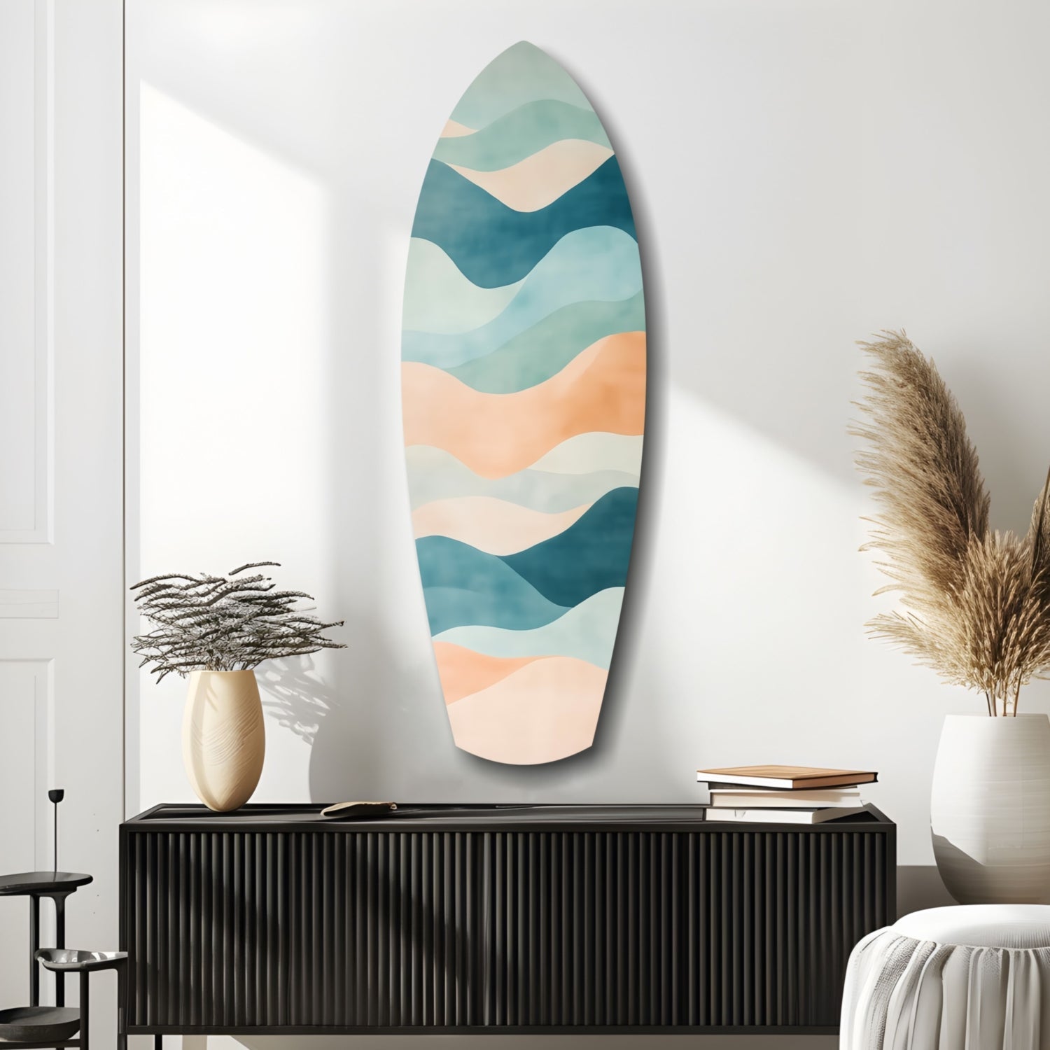 Oval wall art with layered wavy stripes in teal, cream, and peach tones displayed above black cabinet in modern interior setting.