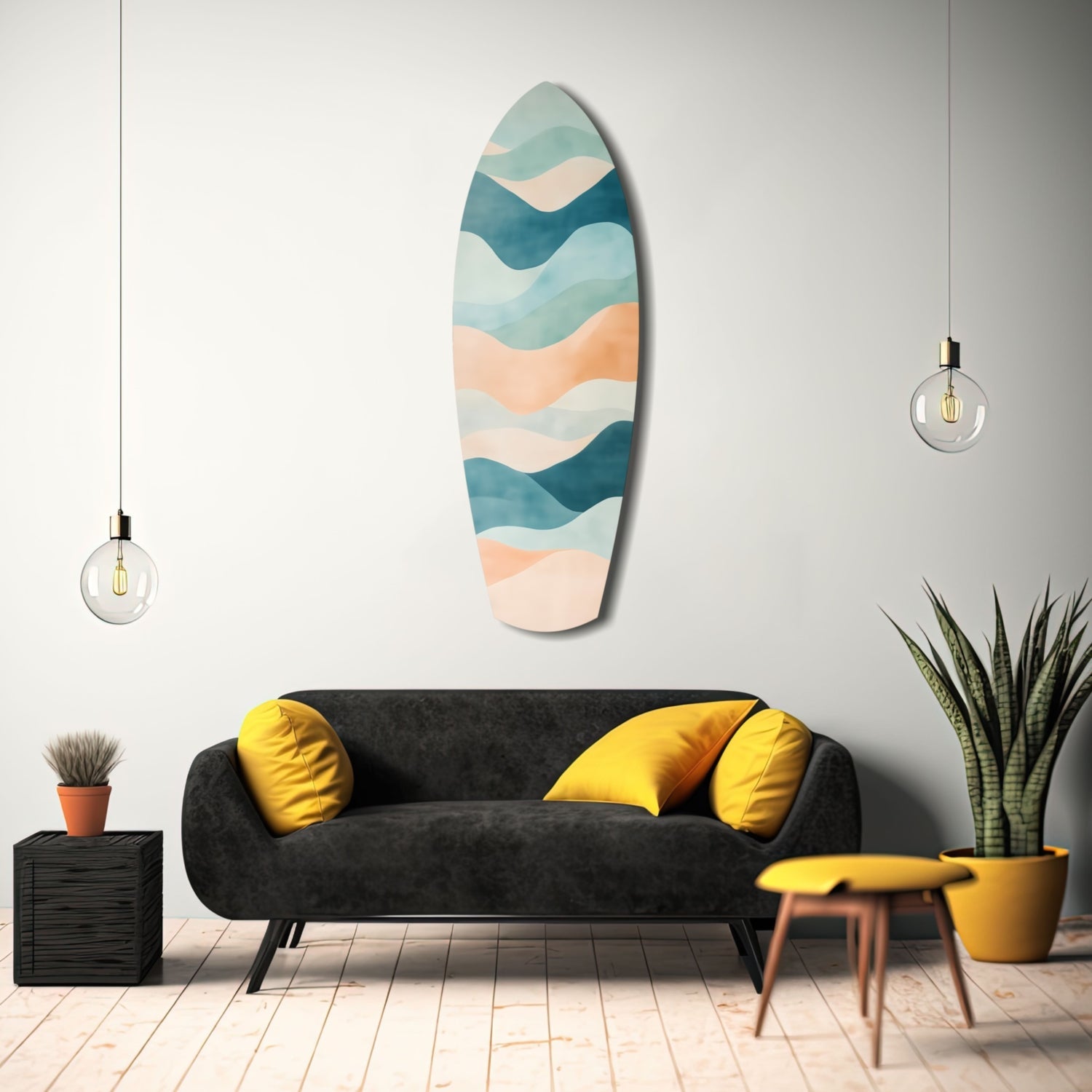 Colors of the Sea Glass Wall Art displayed above a black sofa with yellow pillows in a modern living room setting.