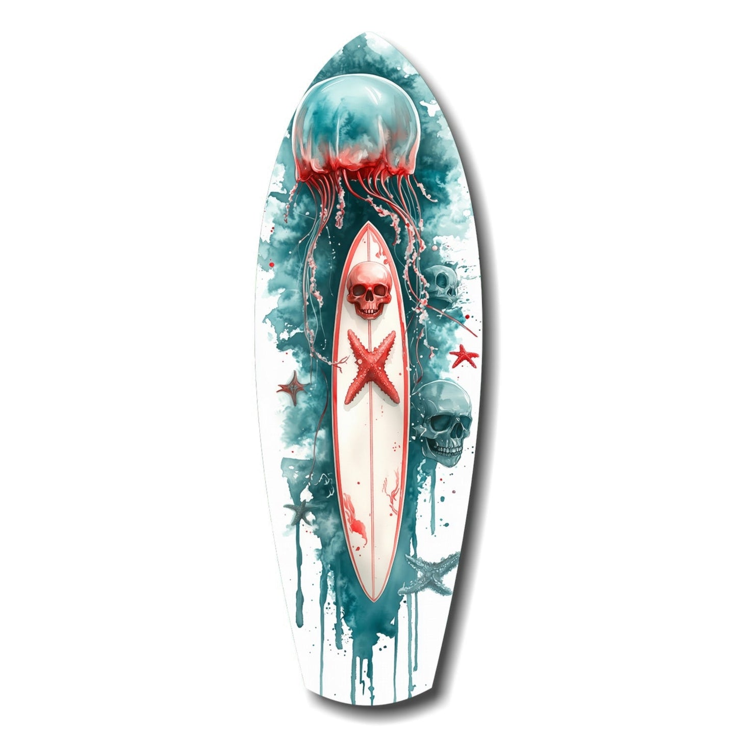 Teal Jellyfish Skull Surfboard Glass Wall Art