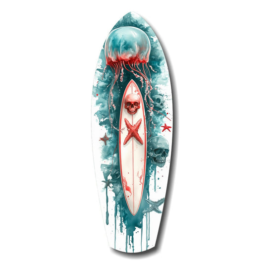 Surfboard-shaped art piece featuring a teal jellyfish with red tentacles, red skull, and starfish design on white background.