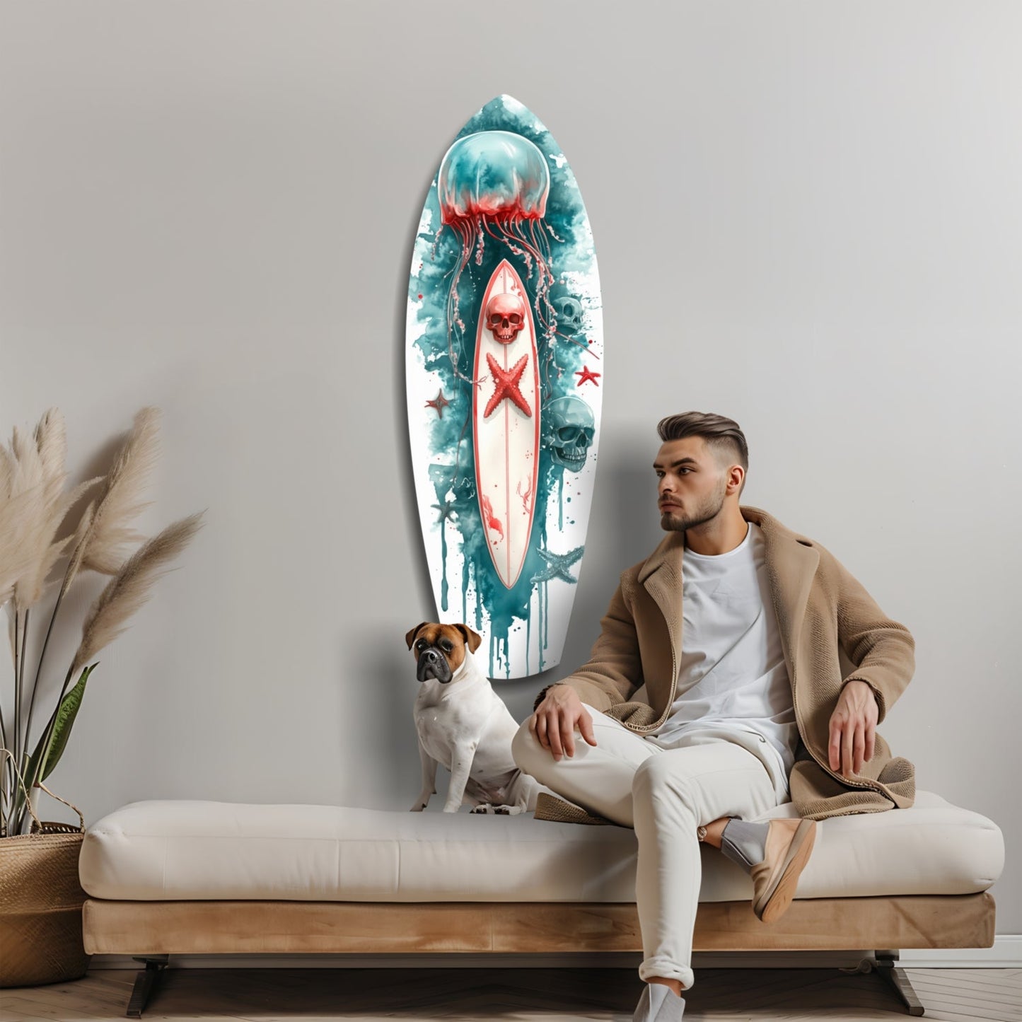 Teal Jellyfish Skull Surfboard Glass Wall Art
