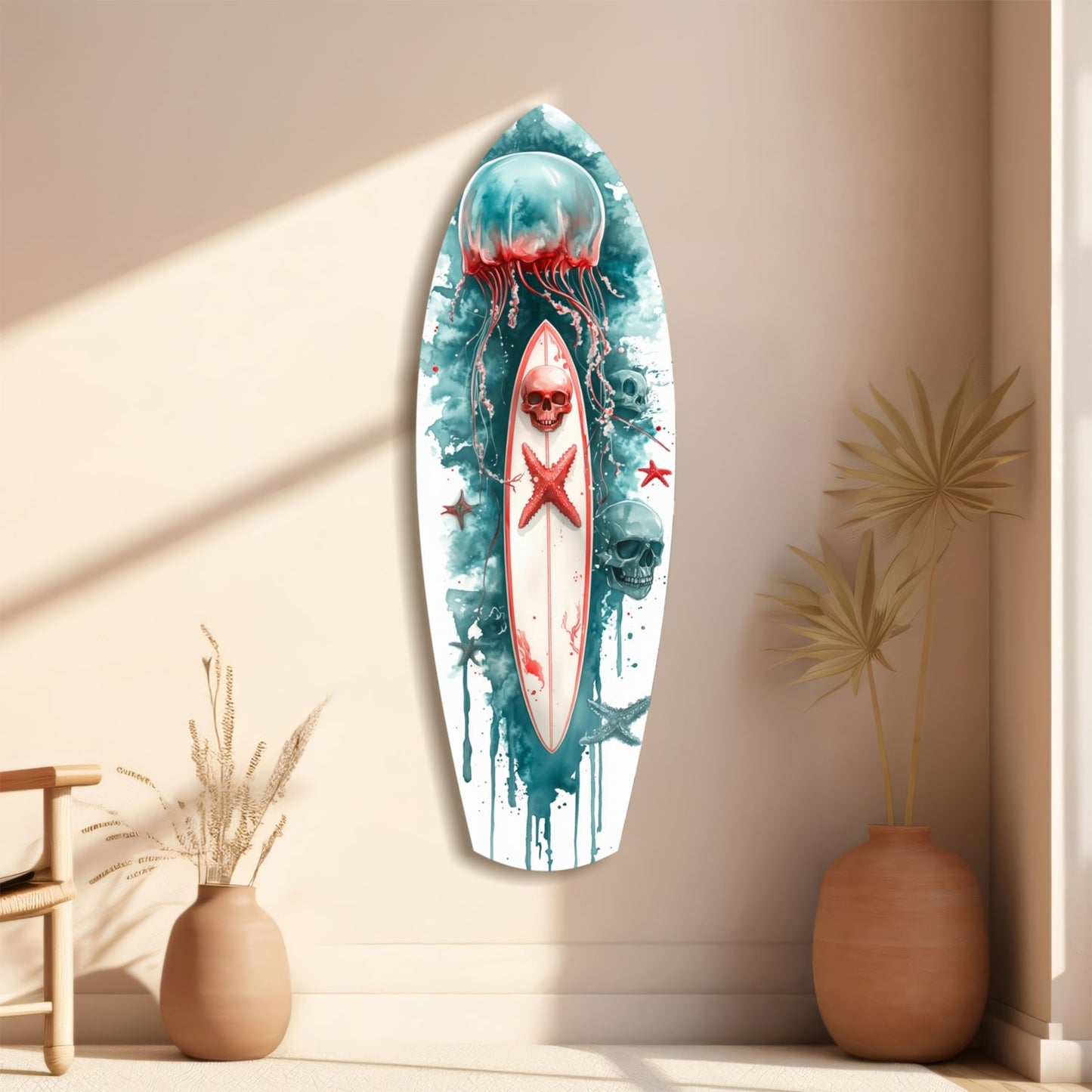 Teal Jellyfish Skull Surfboard Glass Wall Art