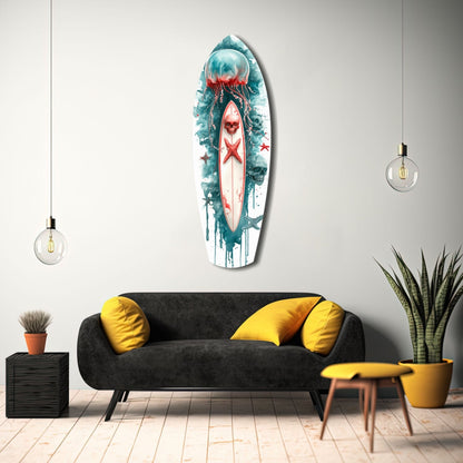 Teal Jellyfish Skull Surfboard Glass Wall Art
