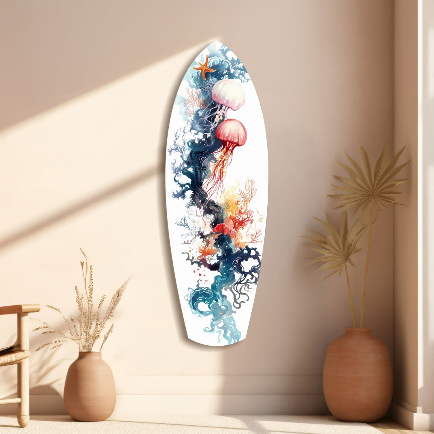 Jellyfish Coral Reef Surfboard Glass Wall Art