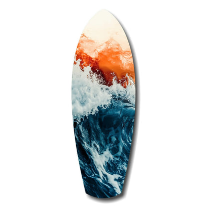 Surfboard-shaped glass wall art with layered ocean waves in deep blue, white foam, and warm orange sunset tones against white background.