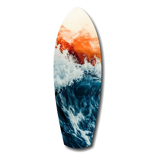 Surfboard-shaped glass wall art with layered ocean waves in deep blue, white foam, and warm orange sunset tones against white background.