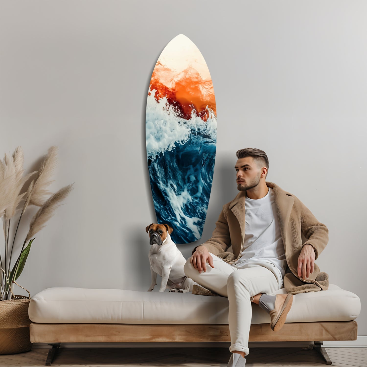 Man and dog sitting on white bench beneath surfboard-shaped glass wall art featuring orange sunset sky, white foam, and deep blue ocean waves.