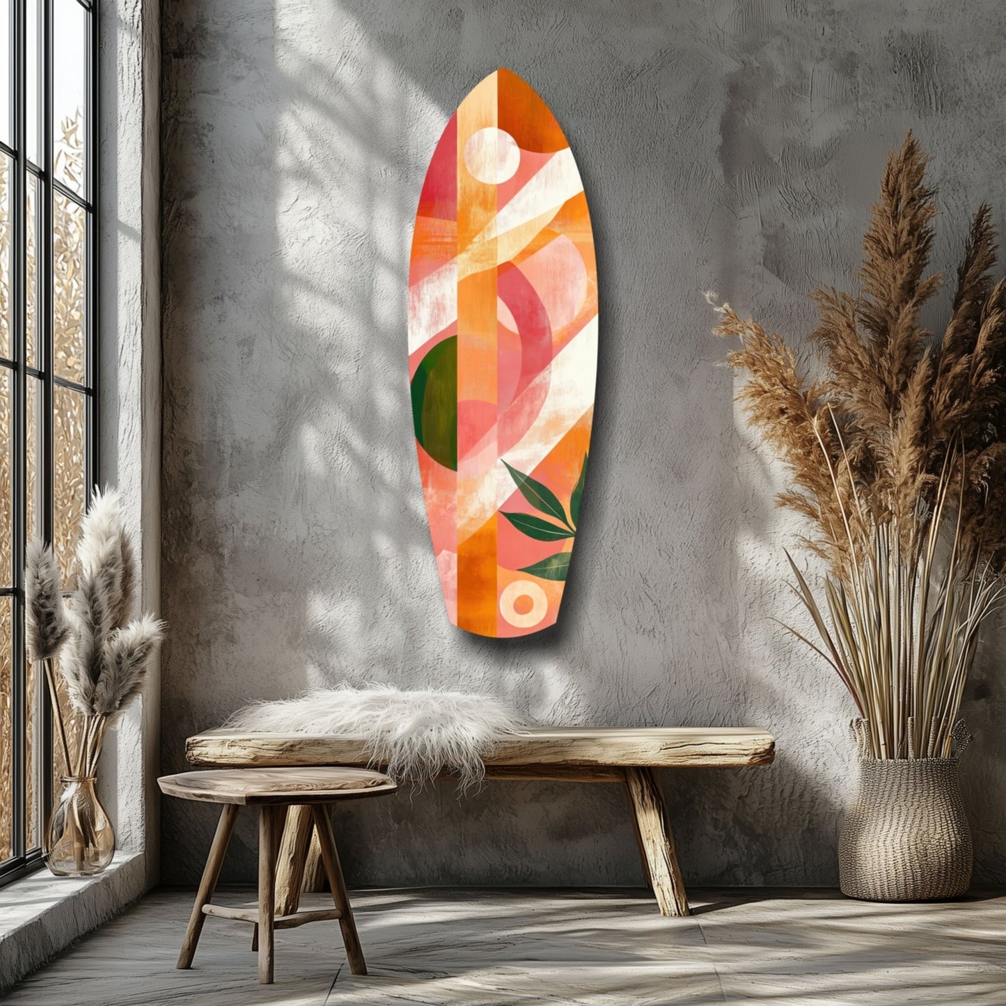 Colorful glass wall art in orange, pink, and green geometric patterns hanging above a wooden bench in a minimalist room with pampas grass.