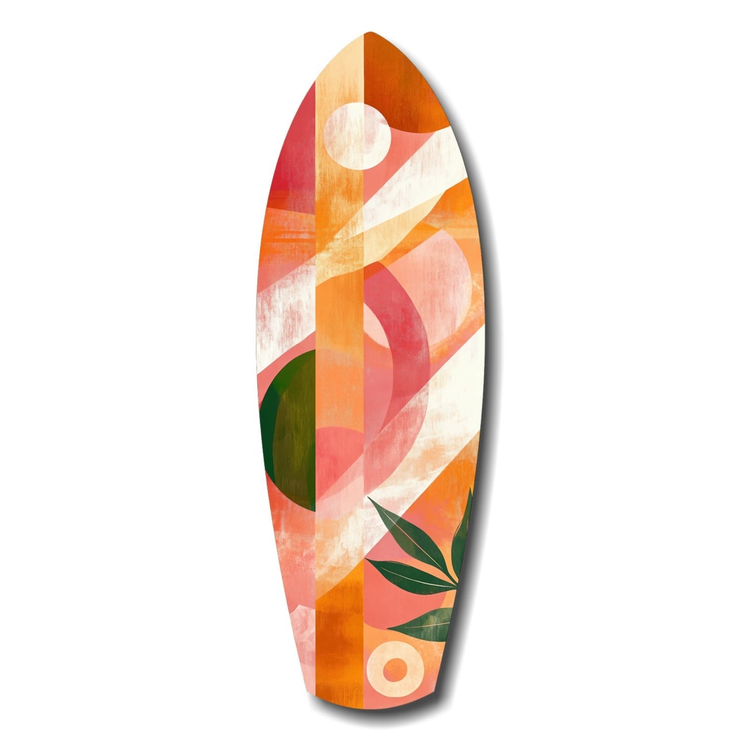 Surfboard-shaped glass wall art with abstract geometric design in warm orange, coral, and cream tones with green leaf accents, displayed against white background.