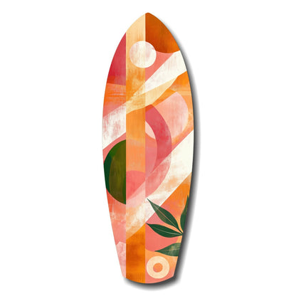 Surfboard-shaped glass wall art with abstract geometric design in warm orange, coral, and cream tones with green leaf accents, displayed against white background.
