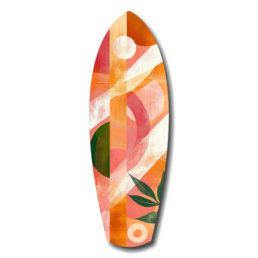 Surfboard-shaped glass wall art with abstract geometric design in warm orange, coral, and cream tones with green leaf accents, displayed against white background.