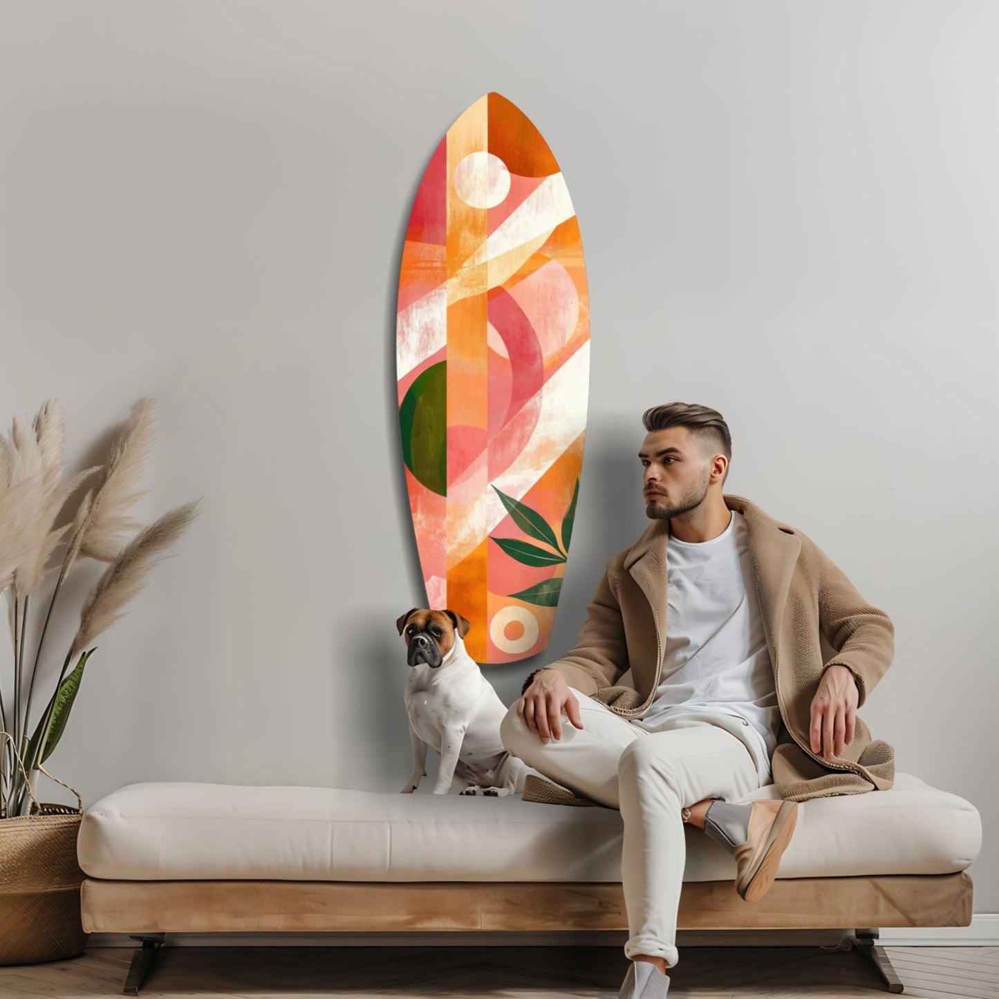 Man and small dog sitting on bench beneath colorful abstract surfboard wall art with orange, pink, and white geometric patterns.