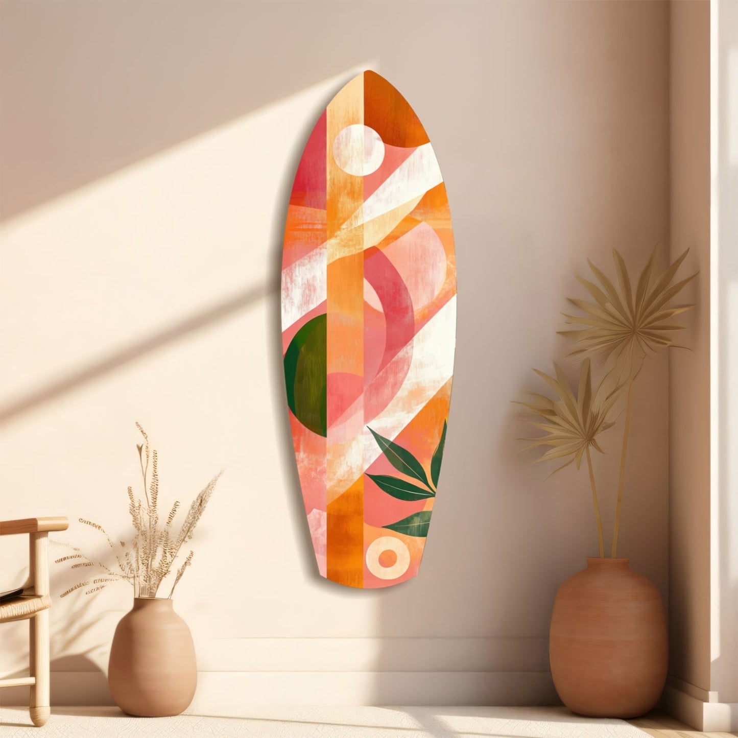 Colorful oval glass wall art in orange, coral, and green geometric patterns displayed on neutral wall beside ceramic vases with dried grasses.