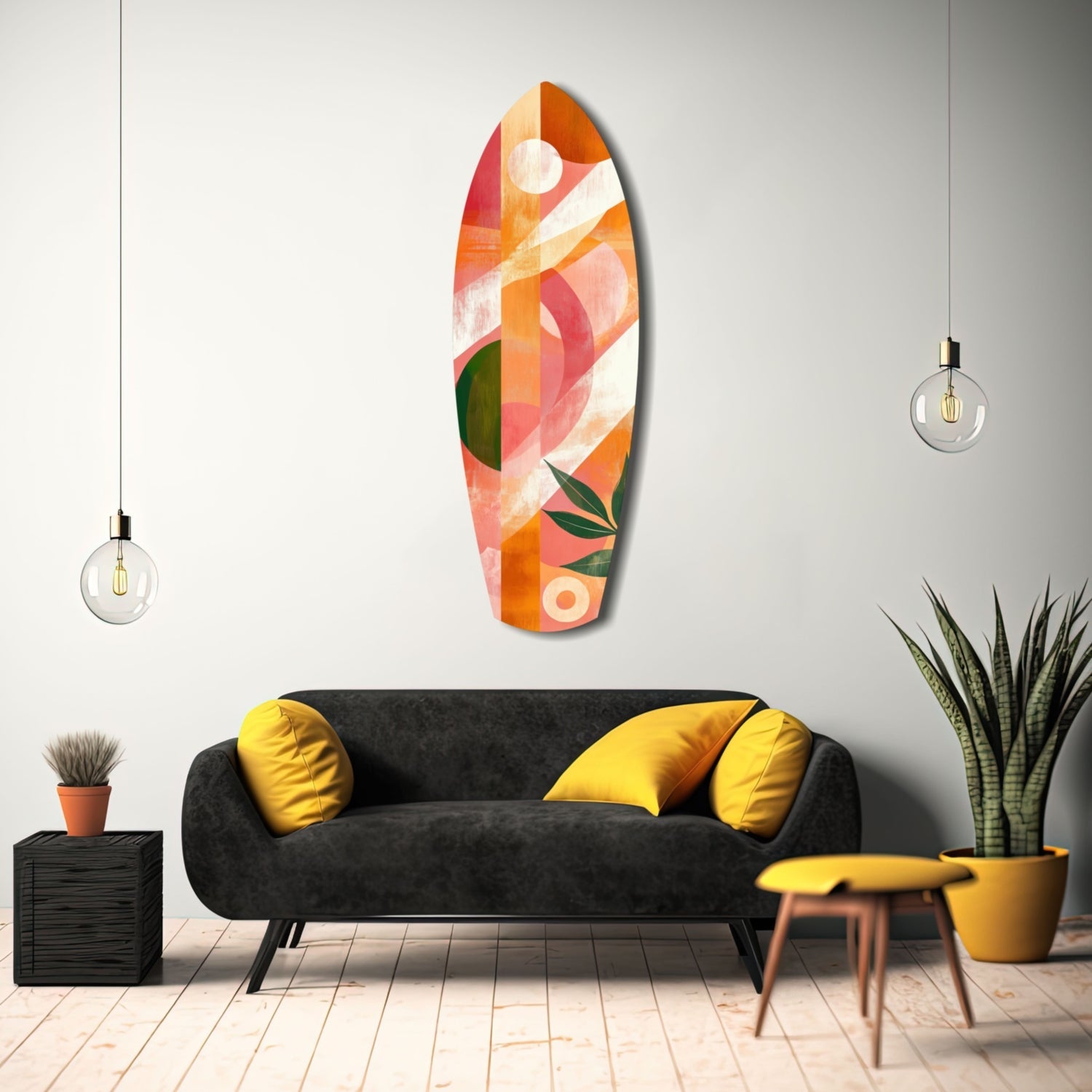 Colorful glass surfboard wall art with orange, red, pink, and green geometric patterns displayed above a black sofa in a modern living room.