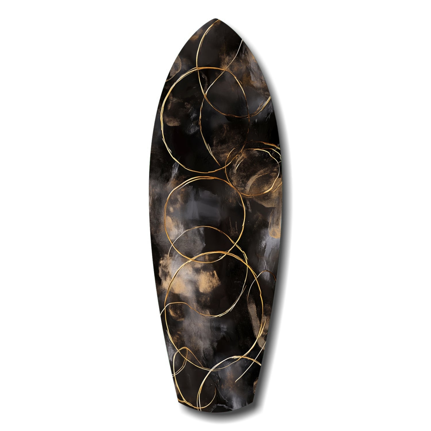 Black glass teardrop wall art with overlapping golden circular designs and weathered surface finish, front view.