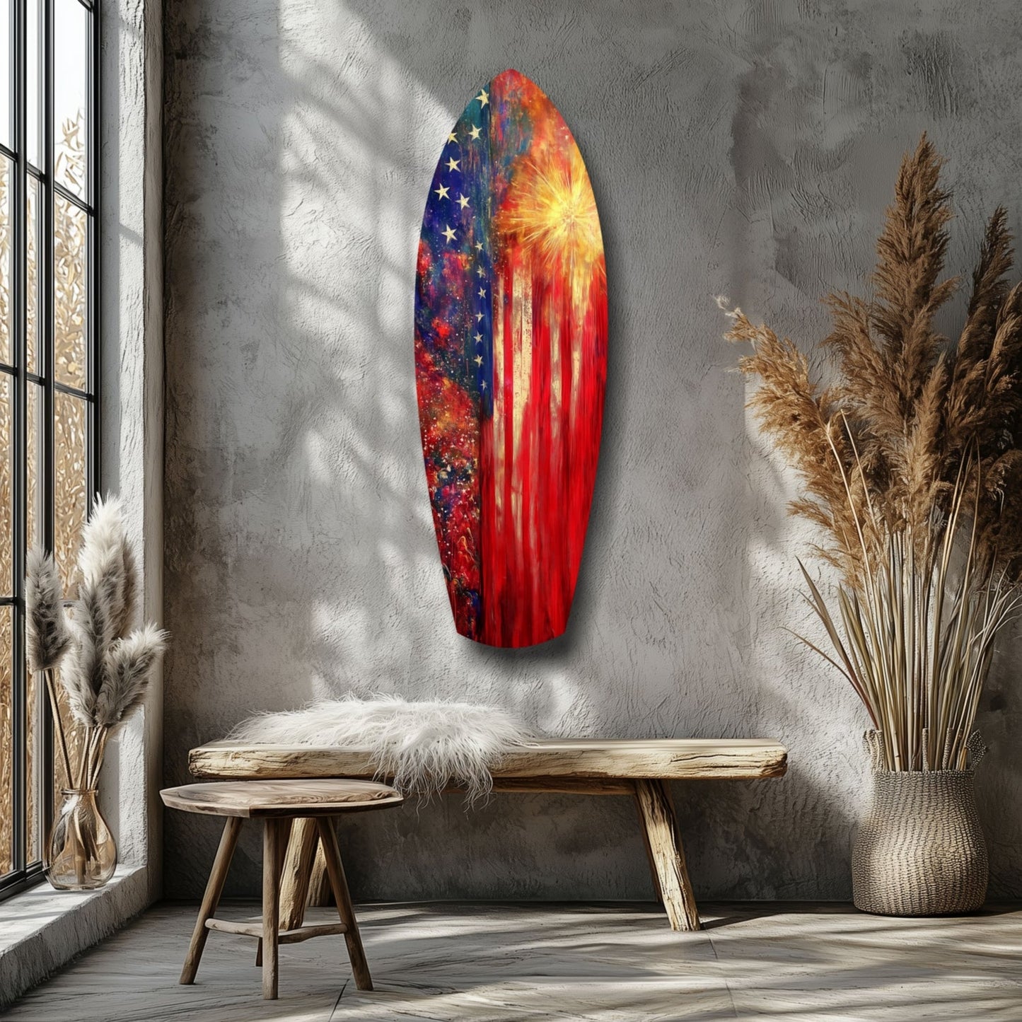 Vertical oval glass wall art with American flag and cosmic design displayed above wooden bench in minimalist room with pampas grass decor.