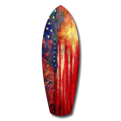 Vertical surfboard-shaped glass art featuring American flag stars on left side, red and white stripes on right, and golden sunburst at top.