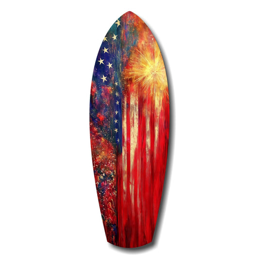 Vertical surfboard-shaped glass art featuring American flag stars on left side, red and white stripes on right, and golden sunburst at top.