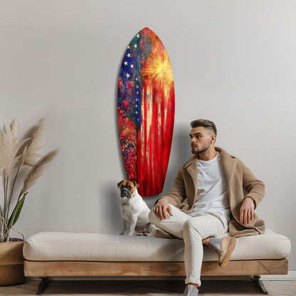 Man and dog sitting on bench beneath oval glass wall art featuring American flag design with red, blue, gold and firework elements.