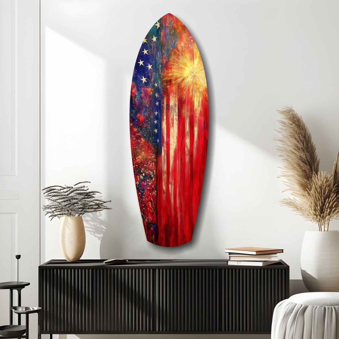 Oval glass wall art with American flag design featuring stars, red stripes, and golden sunburst, displayed above black cabinet in modern room setting.
