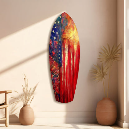 Oval glass wall art featuring American flag design with stars and red stripes, topped by golden sunburst, displayed on beige wall with ceramic vases.