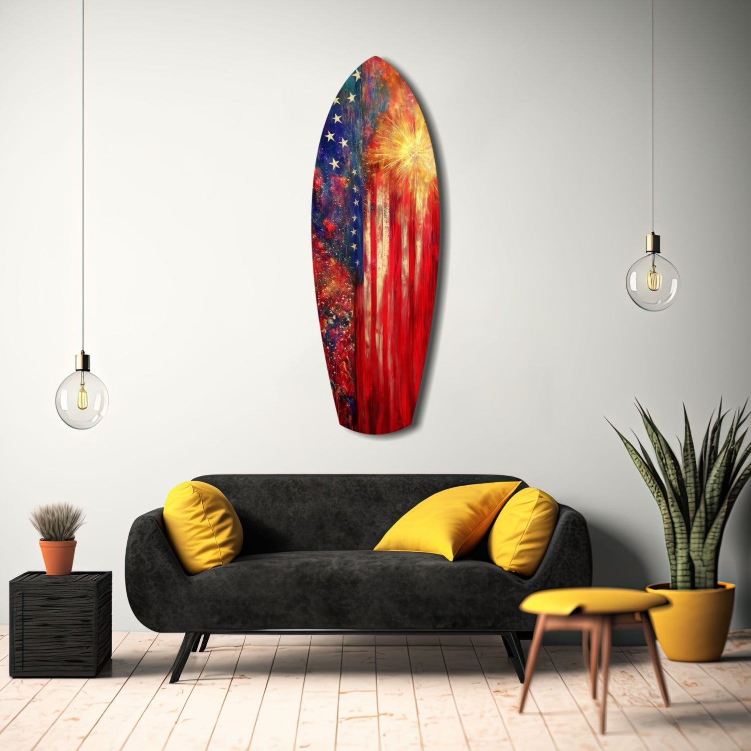 Patriotic glass surfboard wall art with American flag, stars, and golden sunburst displayed above black sofa with yellow pillows.