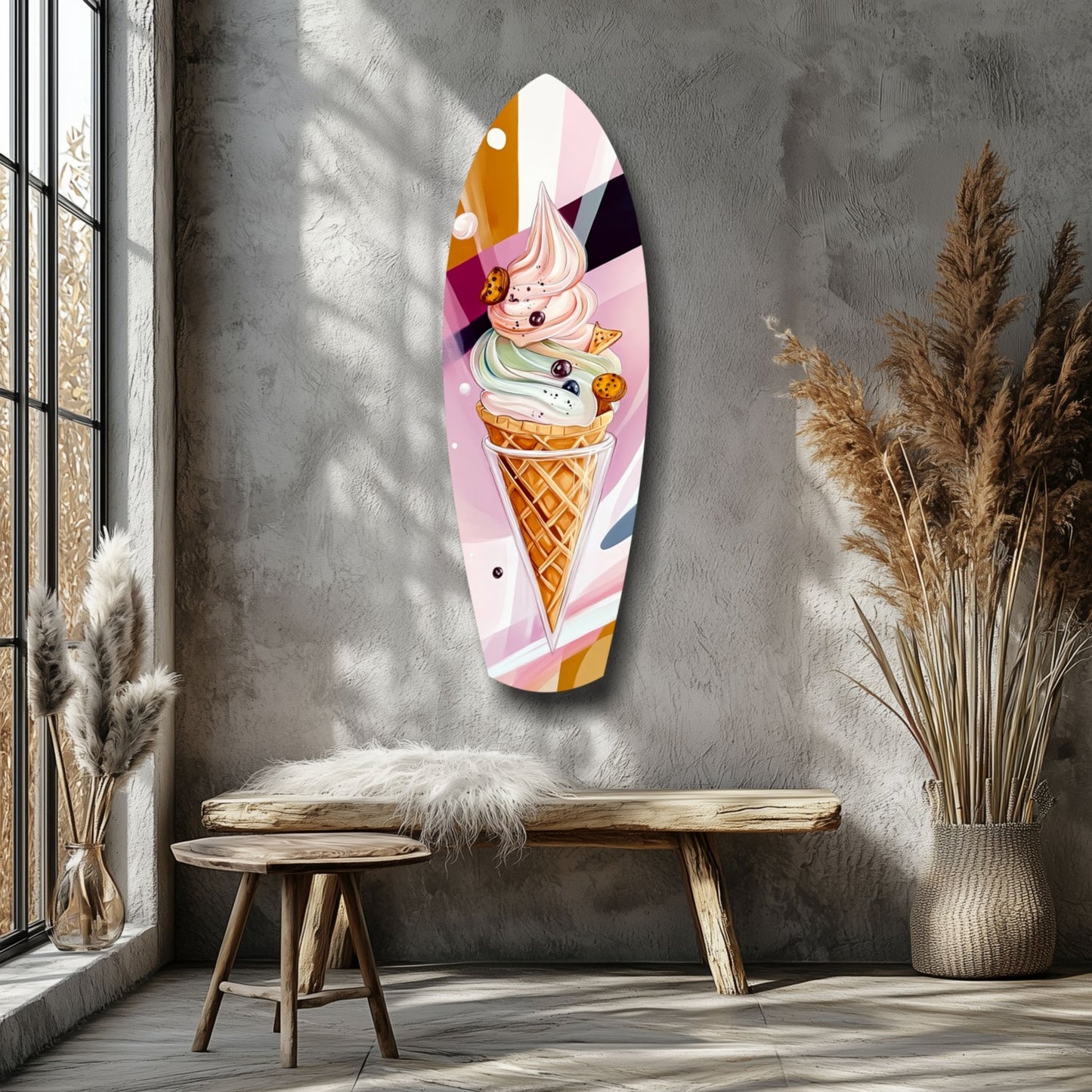 Colorful glass wall art depicting a stacked ice cream cone with pink, white, and pastel layers displayed on a gray textured wall beside wooden furniture and dried grasses.