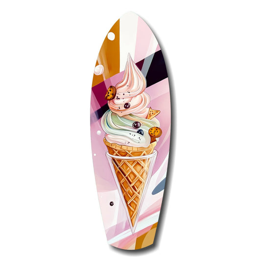 Surfboard-shaped glass wall art featuring an illustrated three-scoop ice cream cone with cookies and berries on a pink and multicolored geometric background.