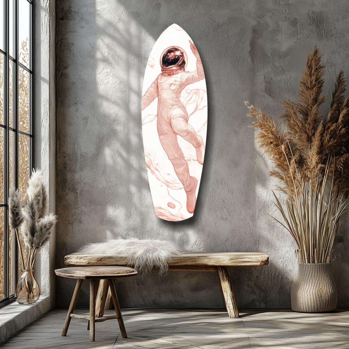 Oval glass wall art displaying a pink-toned astronaut figure mounted above a wooden bench in a minimalist room with dried grasses and natural light.