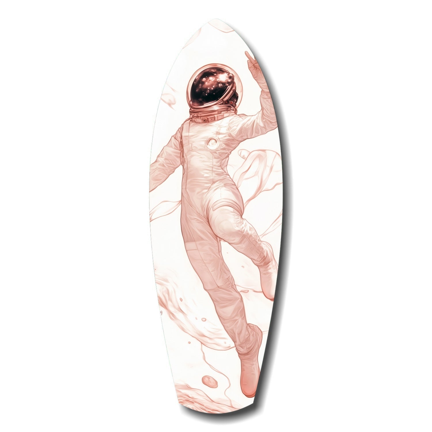 Rose-toned astronaut in spacesuit floating upward on elongated surfboard-shaped glass art with white background.