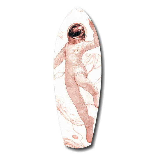 Rose-toned astronaut in spacesuit floating upward on elongated surfboard-shaped glass art with white background.