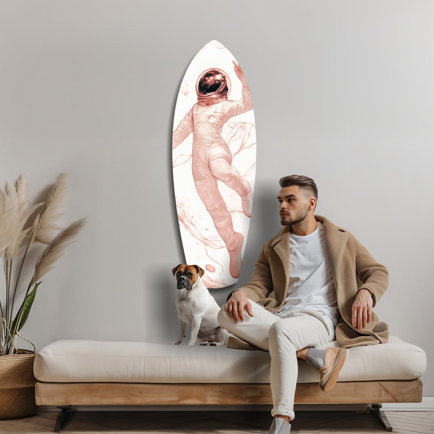 Man sitting on bench beside oval glass wall art featuring pink astronaut figure, with dog and potted plant visible.