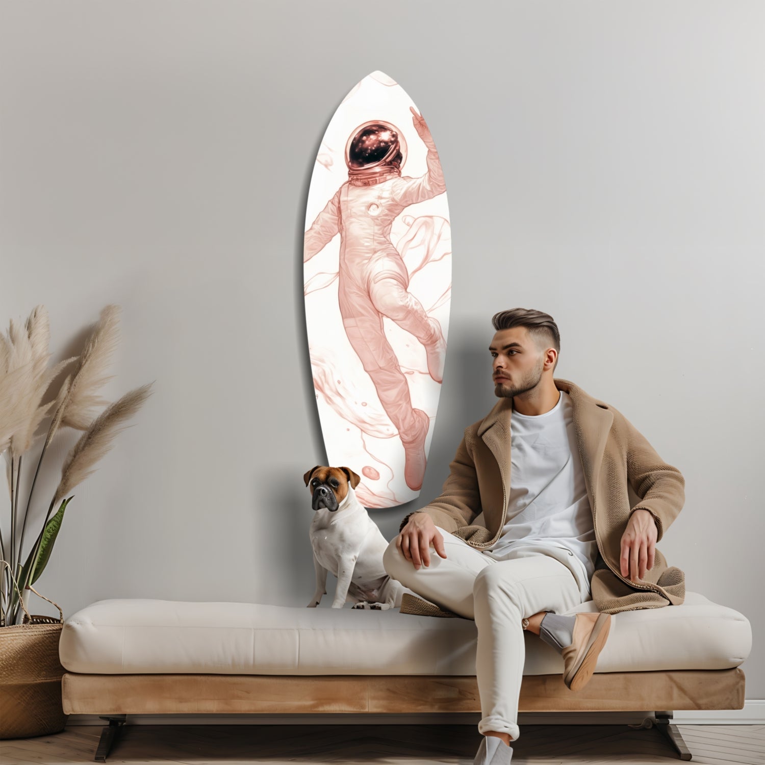 Man sitting on bench beside oval glass wall art featuring pink astronaut figure, with dog and potted plant visible.