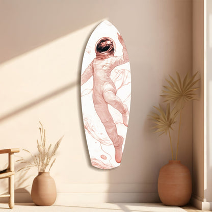 Oval glass wall art displaying a pink and white illustration of an astronaut floating in space, hung on a beige wall beside decorative ceramic vases and dried plants.