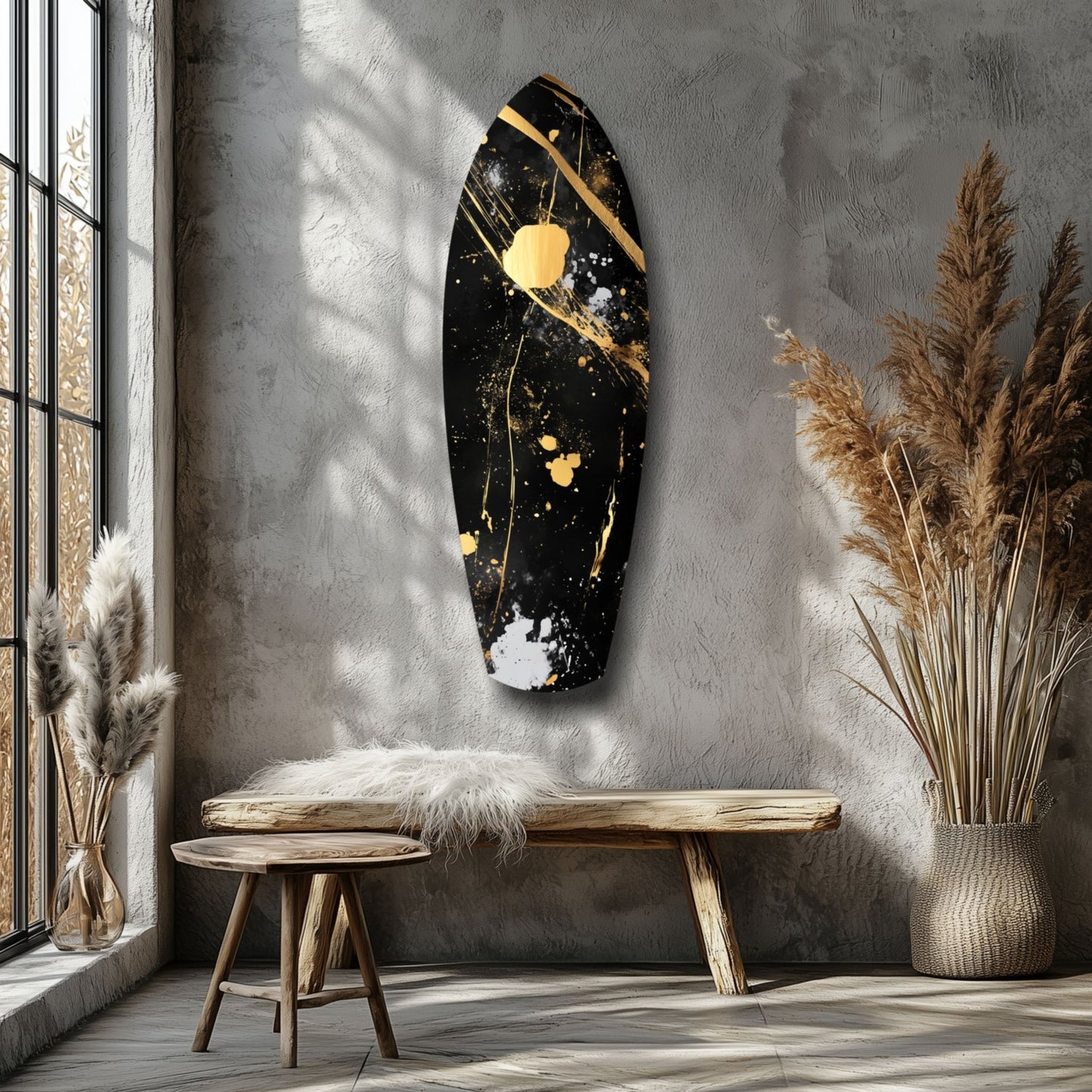 Black and gold stained glass wall art hanging above wooden bench in minimalist room with pampas grass decor.