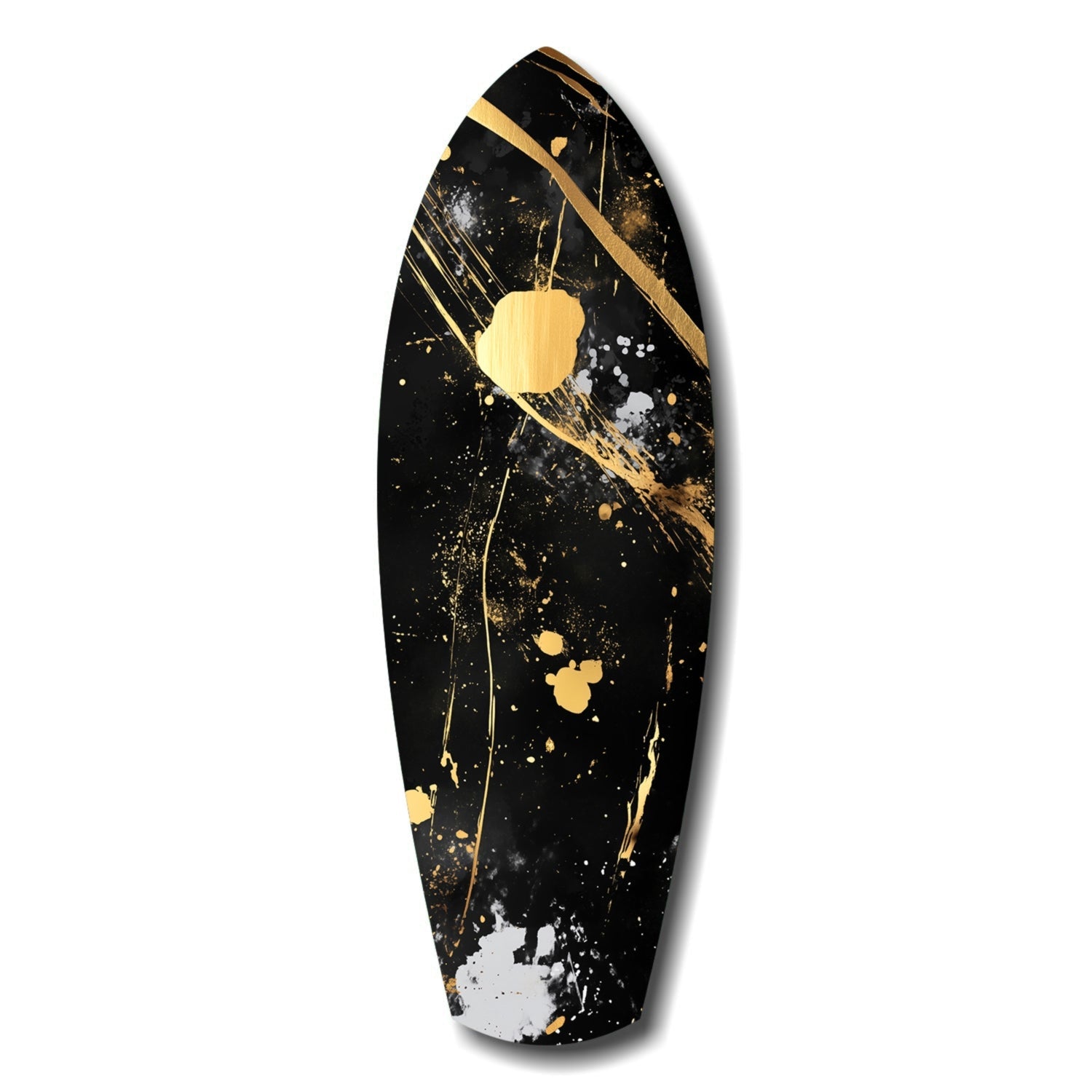 Black oval wall art with gold and white splatter accents and cream-colored circular center detail.
