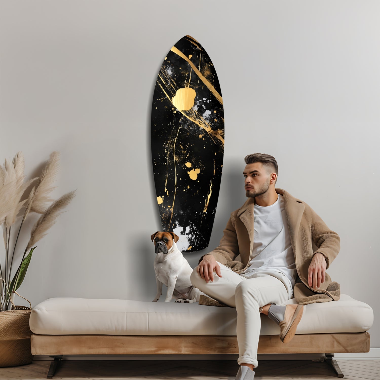 Man and dog sitting on cream bench beside black and gold splatter stained glass wall art on gray wall.