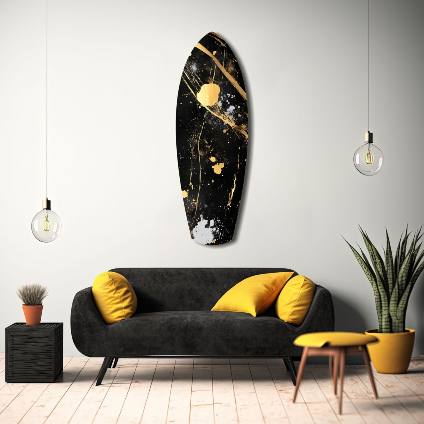 Black and gold stained glass wall art displayed above a gray sofa with yellow pillows in a modern living room setting.