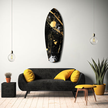 Black and gold stained glass wall art displayed above a gray sofa with yellow pillows in a modern living room setting.