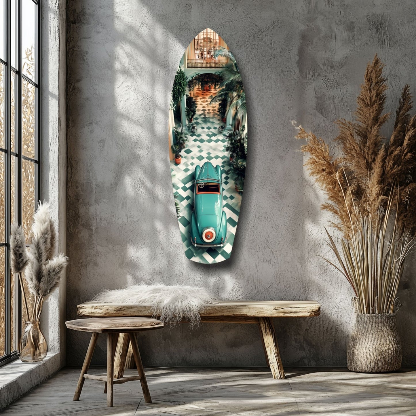 Turquoise vintage car glass wall art mounted on gray textured wall above wooden bench in minimalist interior with pampas grass and window.