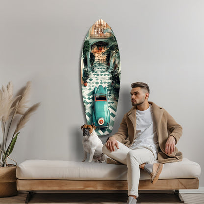 Man and dog sitting on bench beside oval glass wall art featuring turquoise vintage car and checkered corridor.