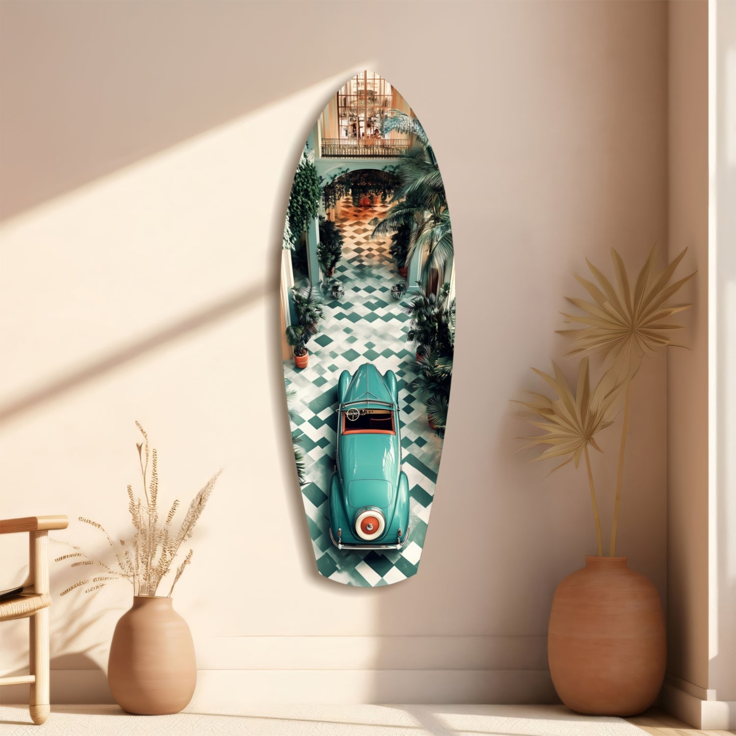 Vintage surfboard-shaped glass wall art featuring a turquoise 1950s convertible car on checkered floor, displayed on beige wall with decorative vases.