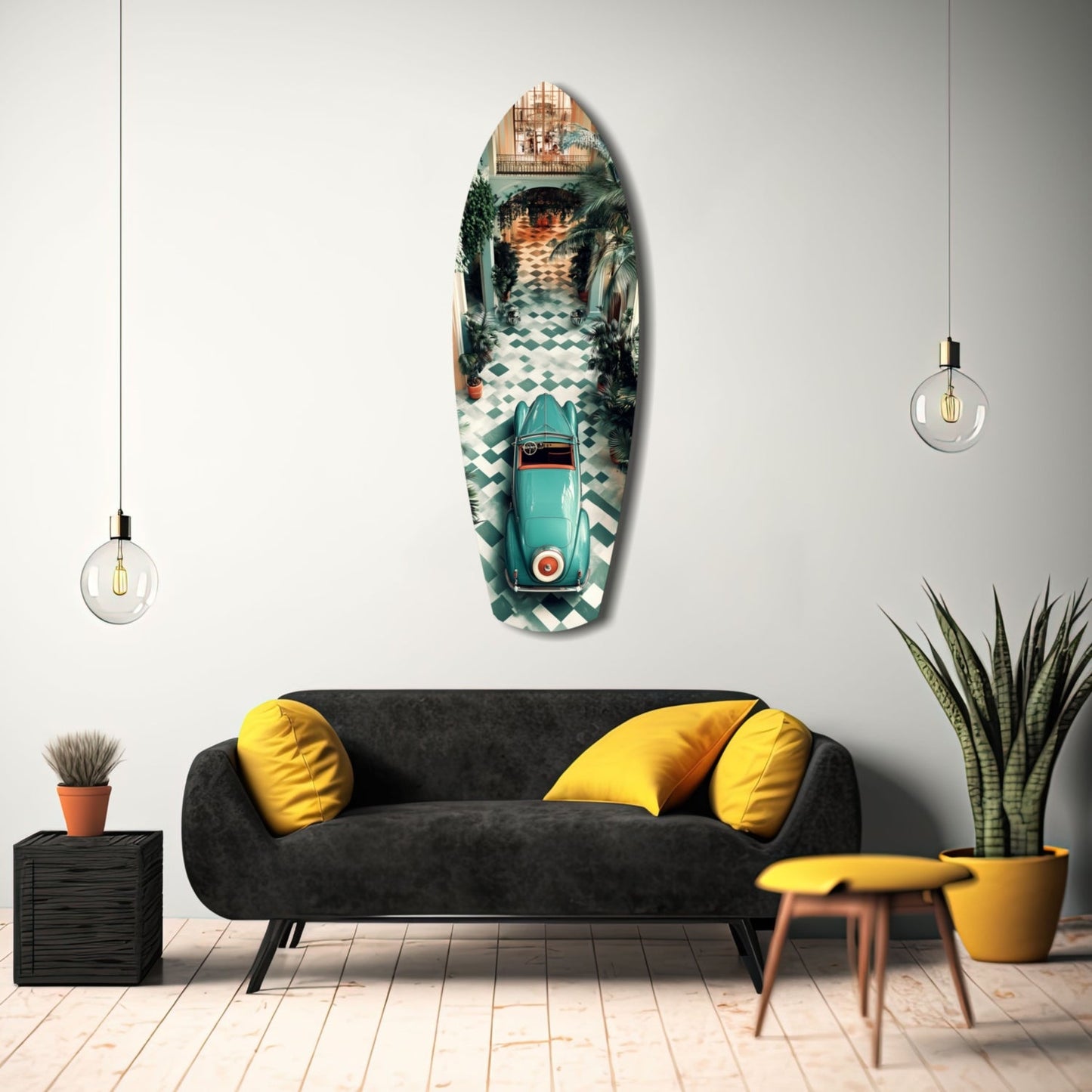 Turquoise vintage car glass wall art displayed above black sofa with yellow pillows in modern interior setting.