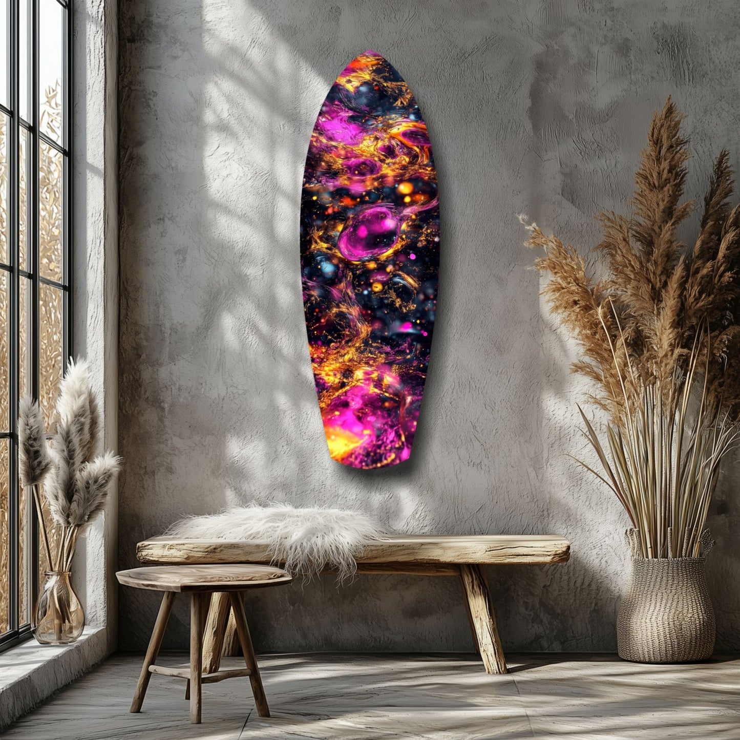 Magenta Gold Cosmic Bubbles Surfboard Glass Wall Art