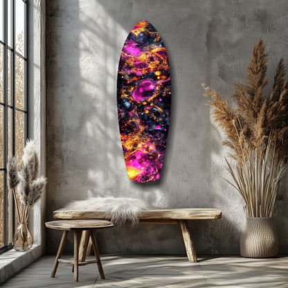 Magenta Gold Cosmic Bubbles Surfboard Glass Wall Art