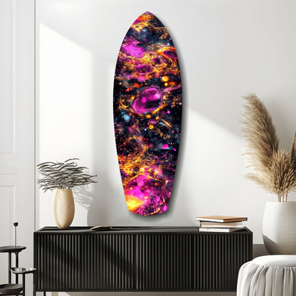 Magenta Gold Cosmic Bubbles Surfboard Glass Wall Art