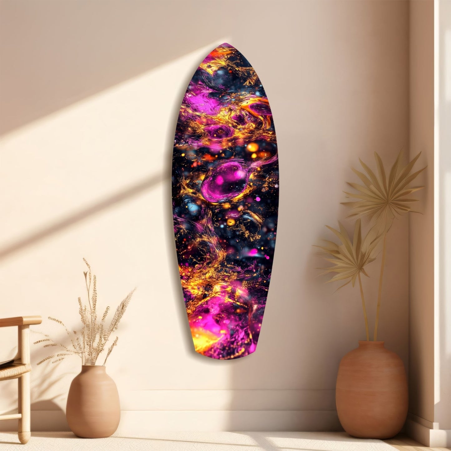 Magenta Gold Cosmic Bubbles Surfboard Glass Wall Art