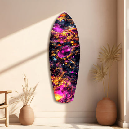 Magenta Gold Cosmic Bubbles Surfboard Glass Wall Art